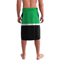Knee-length lavalava shorts, green and black panels with white stripe at hem
