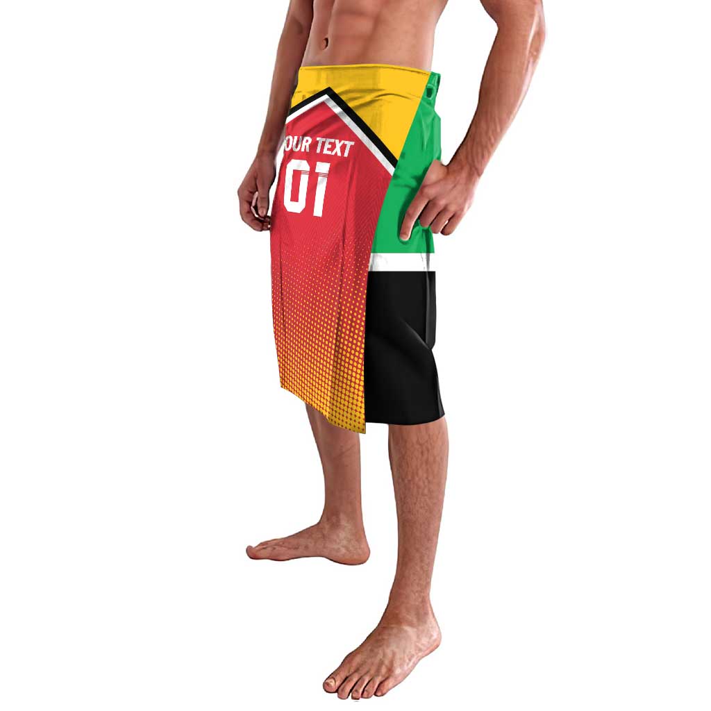 Knee-length lavalava shorts, side view of red yellow green black panel with number 01