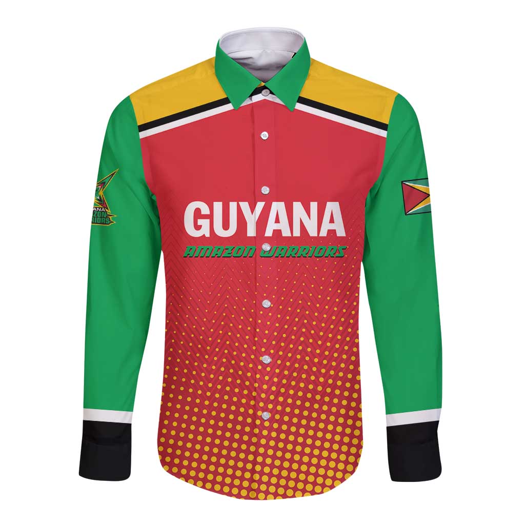 Men's long sleeve button cricket shirt in red, green, yellow dotted with Guyana print