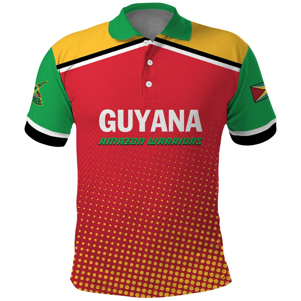 Guyana Amazon Warriors cricket polo shirt, red with green collar, button front, text print