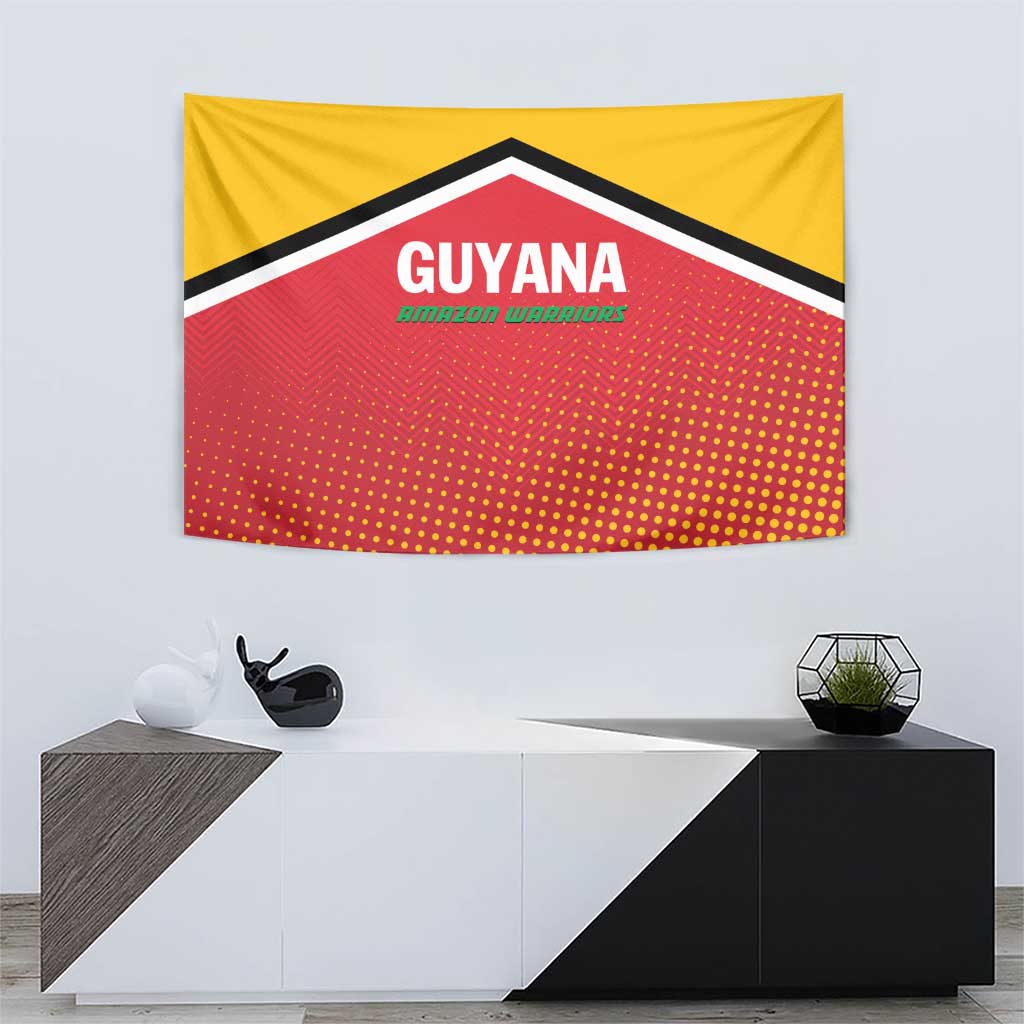 Cricket team wall tapestry with GUYANA and Amazon Warriors lettering over yellow-red dotted design