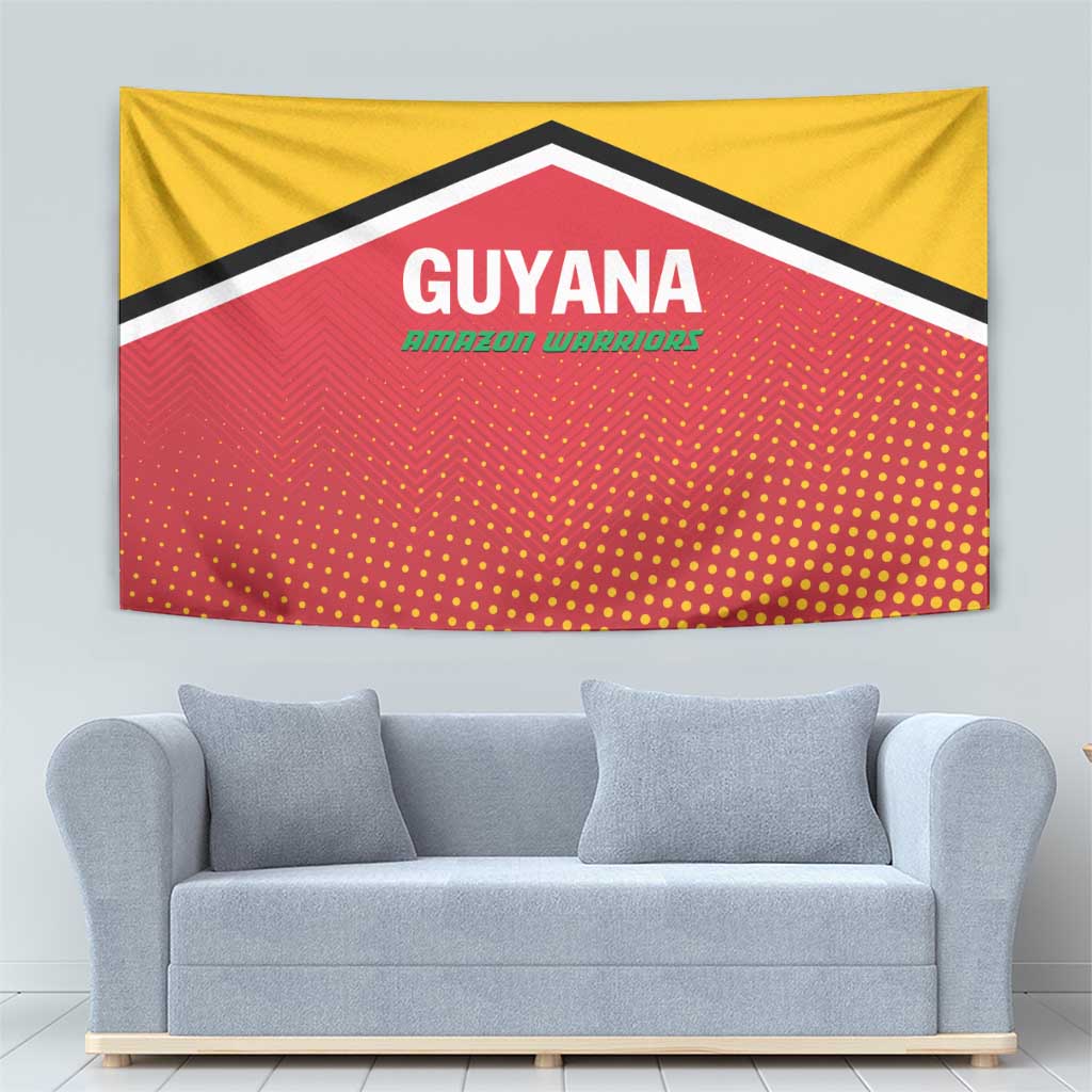 Rectangular cricket tapestry with yellow upper section, red dotted lower field, bold GUYANA header