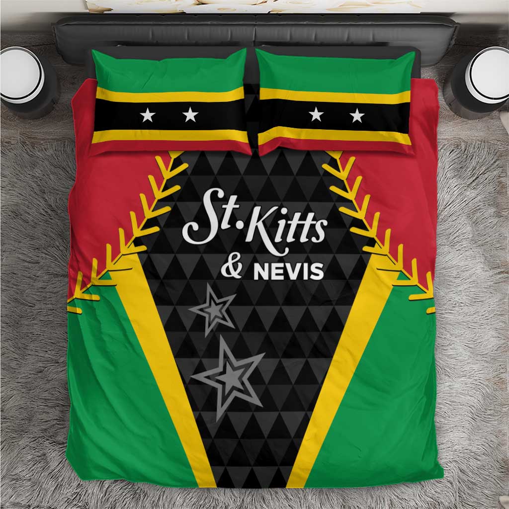 Cricket bedding set with green/red/black St. Kitts & Nevis crest graphic and pillowcases