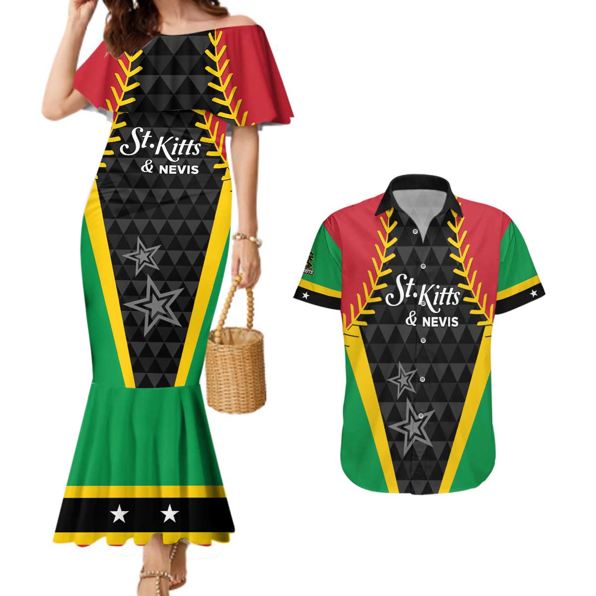 Custom Saint Kitts and Nevis Cricket Patriots Couples Matching Mermaid Dress and Hawaiian Shirt St Kitts Nevis in Our Blood - Wonder Print Shop