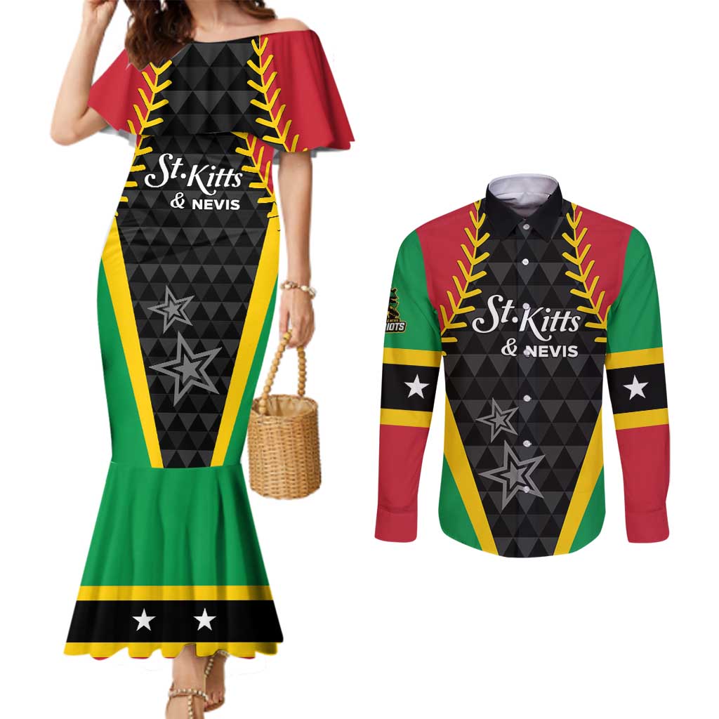 Custom Saint Kitts and Nevis Cricket Patriots Couples Matching Mermaid Dress and Long Sleeve Button Shirt St Kitts Nevis in Our Blood