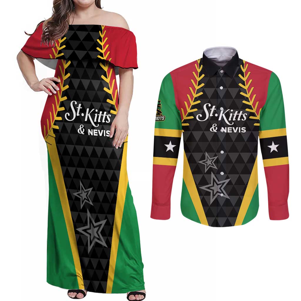 Custom Saint Kitts and Nevis Cricket Patriots Couples Matching Off Shoulder Maxi Dress and Long Sleeve Button Shirt St Kitts Nevis in Our Blood - Wonder Print Shop