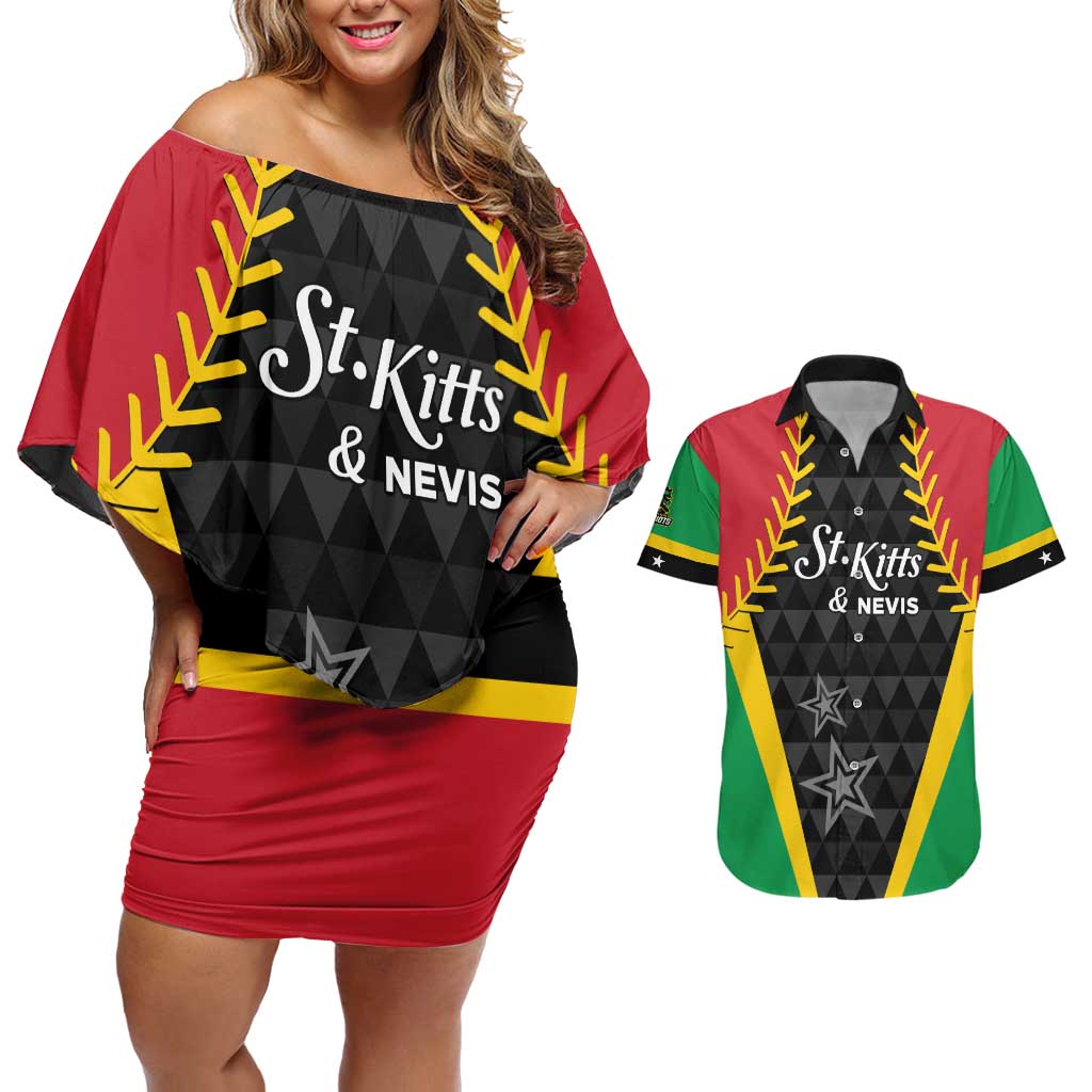 Custom Saint Kitts and Nevis Cricket Patriots Couples Matching Off Shoulder Short Dress and Hawaiian Shirt St Kitts Nevis in Our Blood - Wonder Print Shop