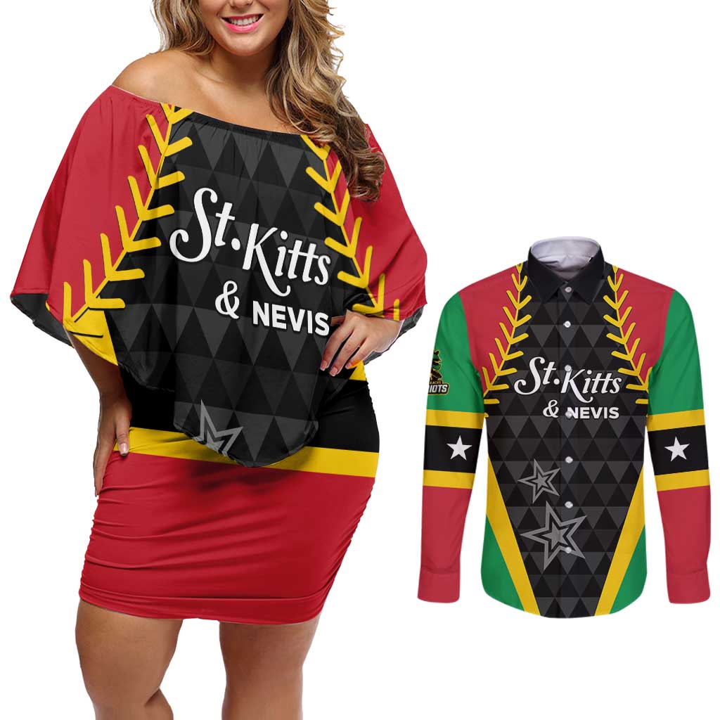 Custom Saint Kitts and Nevis Cricket Patriots Couples Matching Off Shoulder Short Dress and Long Sleeve Button Shirt St Kitts Nevis in Our Blood - Wonder Print Shop