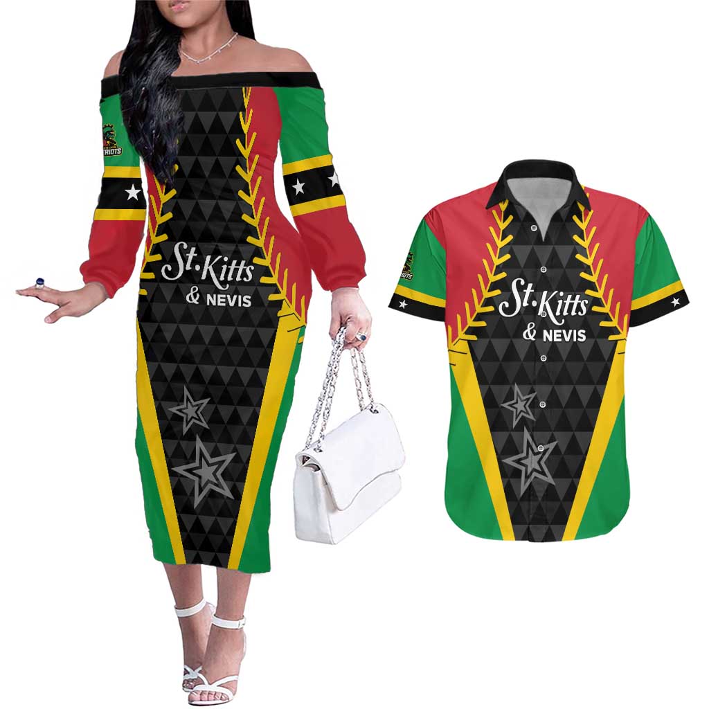 Custom Saint Kitts and Nevis Cricket Patriots Couples Matching Off The Shoulder Long Sleeve Dress and Hawaiian Shirt St Kitts Nevis in Our Blood - Wonder Print Shop