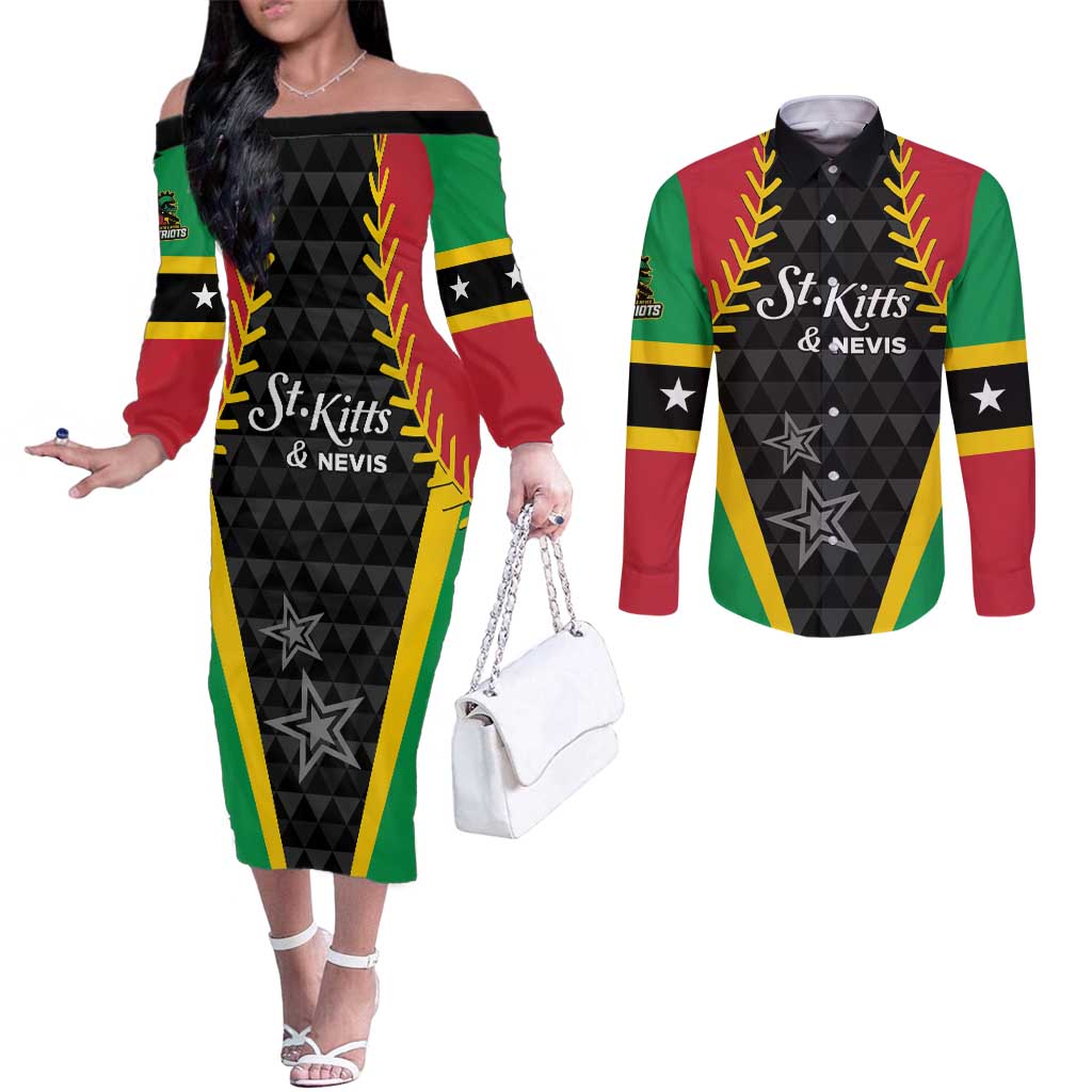 Custom Saint Kitts and Nevis Cricket Patriots Couples Matching Off The Shoulder Long Sleeve Dress and Long Sleeve Button Shirt St Kitts Nevis in Our Blood