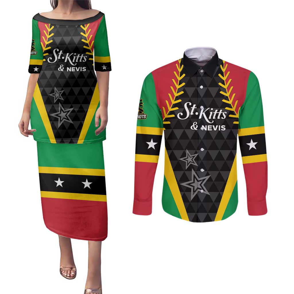 Custom Saint Kitts and Nevis Cricket Patriots Couples Matching Puletasi and Long Sleeve Button Shirt St Kitts Nevis in Our Blood - Wonder Print Shop