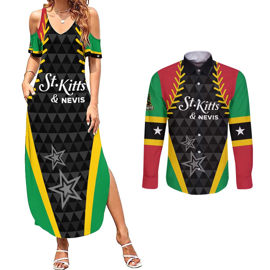 Custom Saint Kitts and Nevis Cricket Patriots Couples Matching Summer Maxi Dress and Long Sleeve Button Shirt St Kitts Nevis in Our Blood - Wonder Print Shop