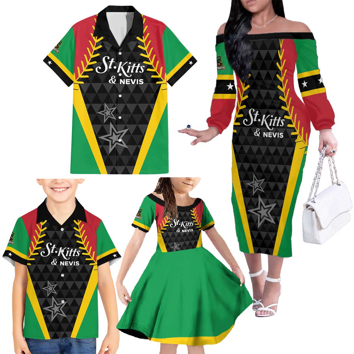 Custom Saint Kitts and Nevis Cricket Patriots Family Matching Off The Shoulder Long Sleeve Dress and Hawaiian Shirt St Kitts Nevis in Our Blood - Wonder Print Shop