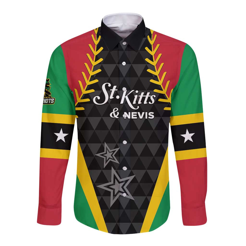 Long-sleeve button cricket shirt, black front with St Kitts & Nevis print