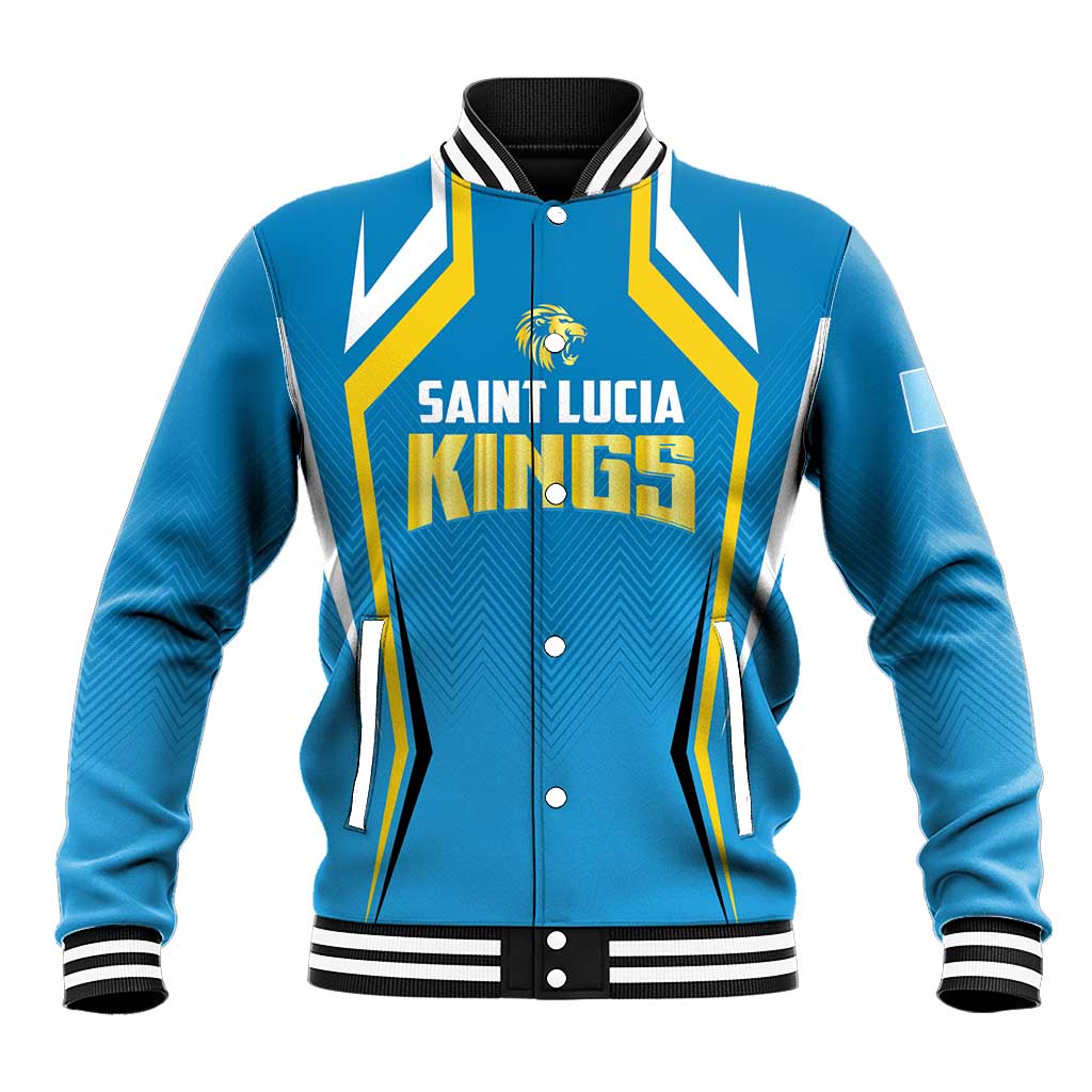Blue baseball-style varsity jacket with snap-button front, striped rib collar and cuffs