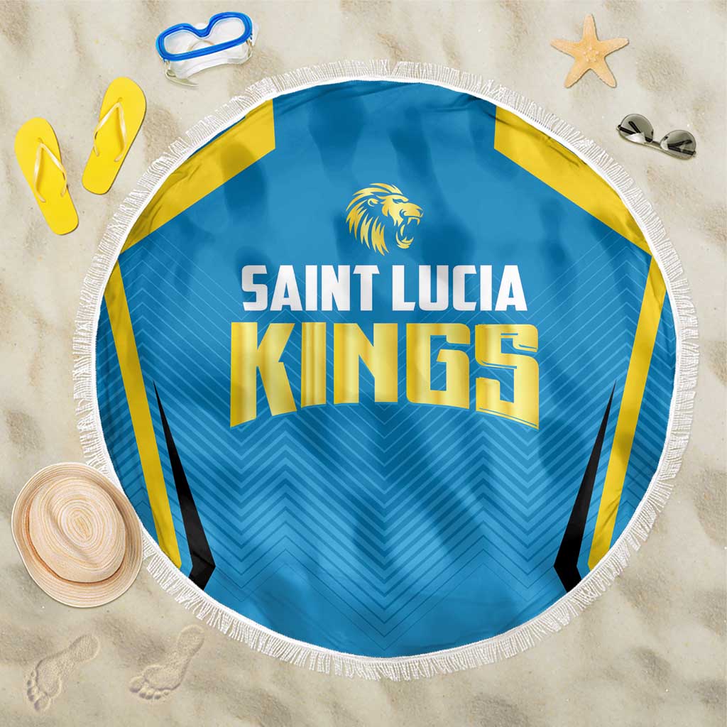 Round blue beach blanket with fringe edge, Saint Lucia Kings crest and yellow stripes