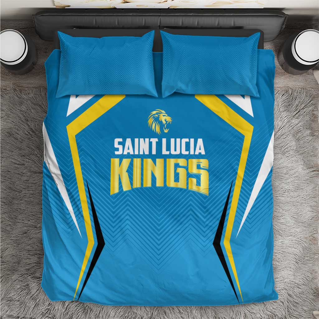 Blue cricket bedding set with Saint Lucia Kings logo; gold and white graphic, with pillows
