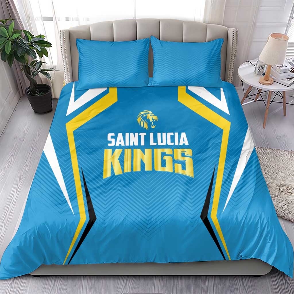 Blue cricket duvet cover set with Saint Lucia Kings crest; gold-and-white geometric accents