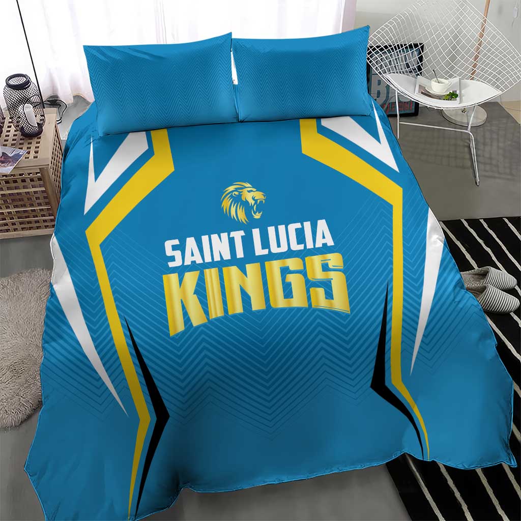 Blue Saint Lucia Kings bedding set featuring central logo and gold/yellow trim on duvet