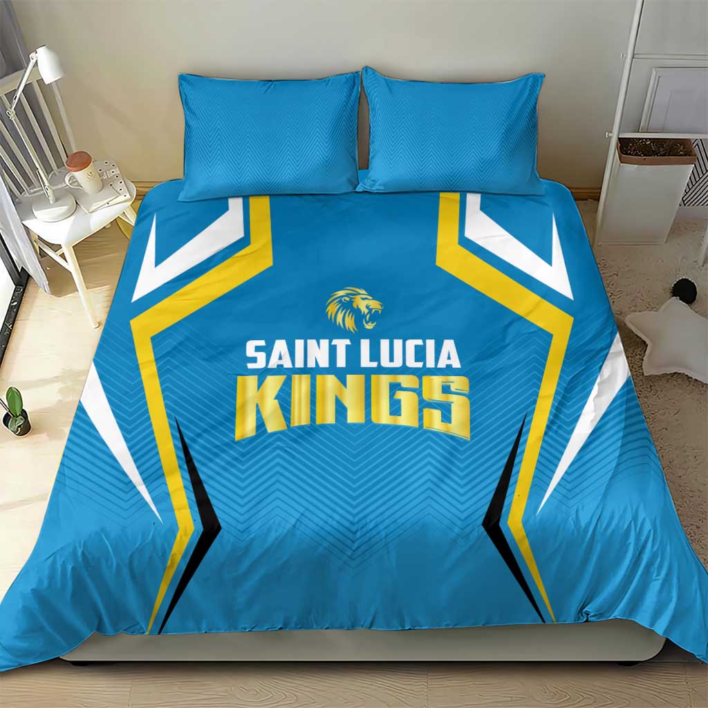Blue cricket bedding set with Saint Lucia Kings crest; matching blue pillowcases shown