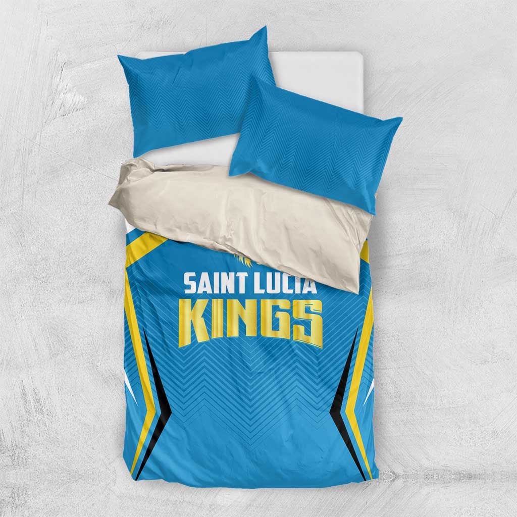 Blue duvet and pillow set with Saint Lucia Kings logo; gold-and-white side graphics