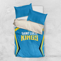 Blue duvet and pillow set with Saint Lucia Kings logo; gold-and-white side graphics