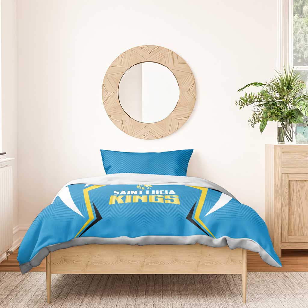 Blue cricket duvet with Saint Lucia Kings logo; gold-and-white stripes on front panel