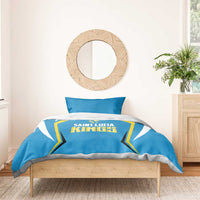 Blue cricket duvet with Saint Lucia Kings logo; gold-and-white stripes on front panel