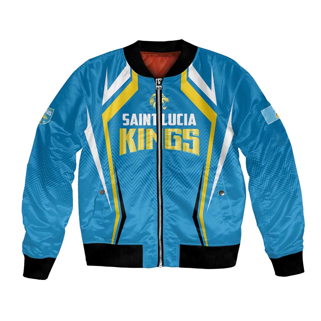 Blue Saint Lucia cricket bomber jacket with full-zip front and ribbed black cuffs, front graphic