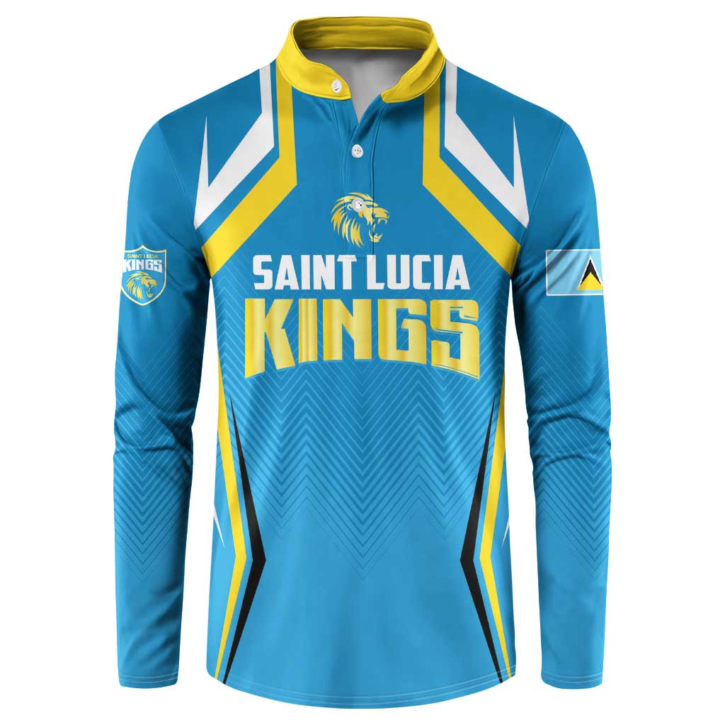 Blue button cricket sweatshirt with yellow collar, Saint Lucia Kings front print, long sleeves