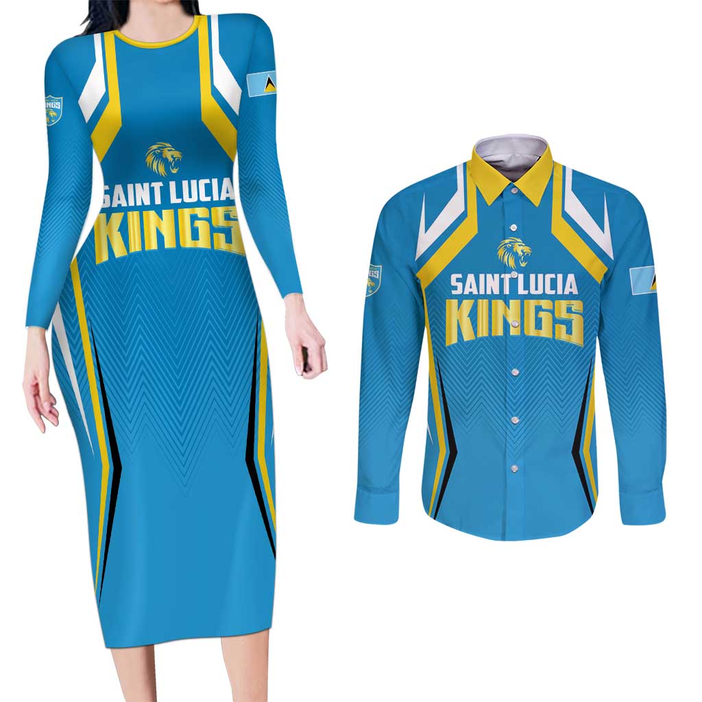 Custom Saint Lucia Cricket Couples Matching Long Sleeve Bodycon Dress and Long Sleeve Button Shirt St Lucia Stars Champions 2024 - Wonder Print Shop