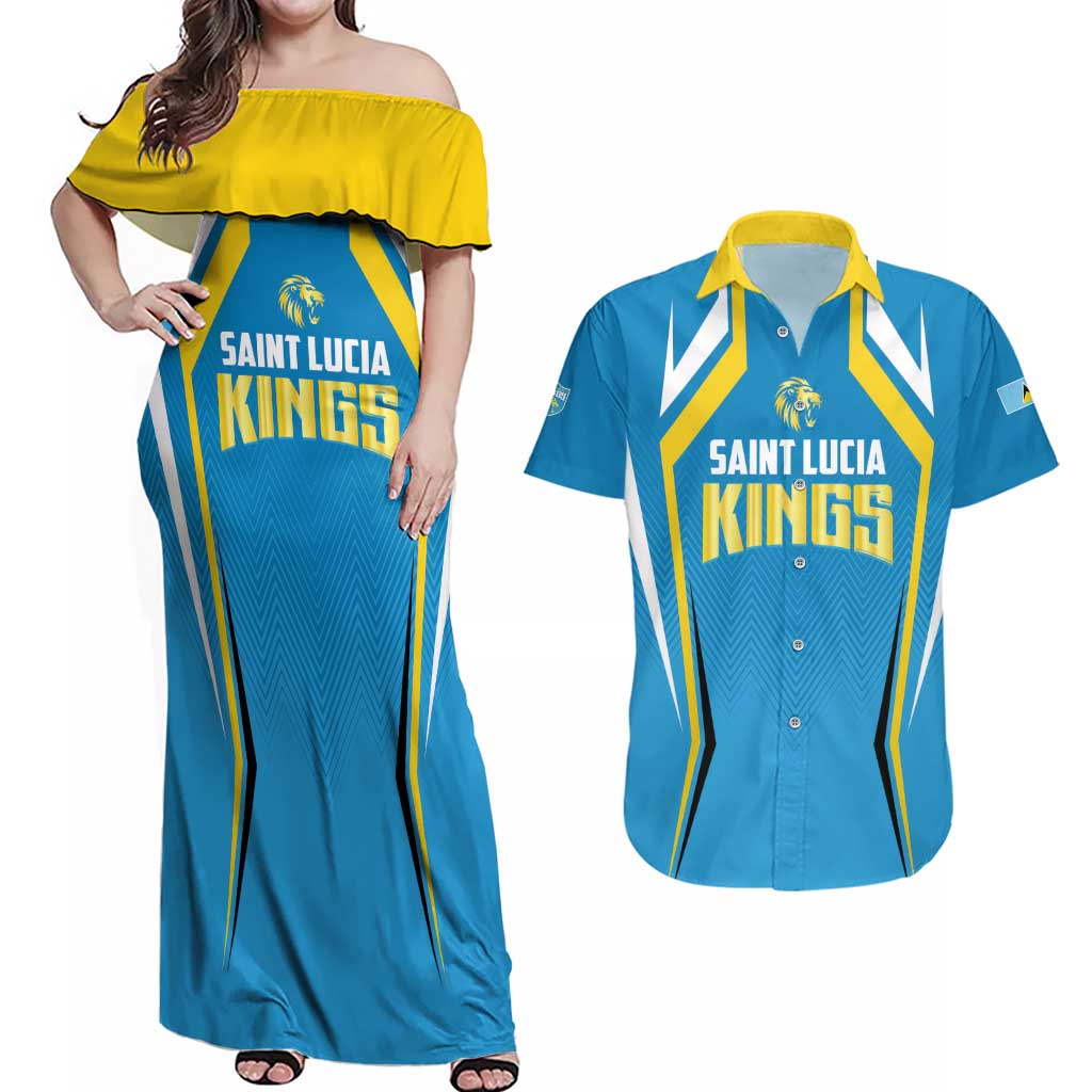 Custom Saint Lucia Cricket Couples Matching Off Shoulder Maxi Dress and Hawaiian Shirt St Lucia Stars Champions 2024 - Wonder Print Shop