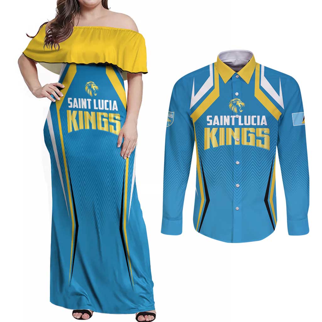 Custom Saint Lucia Cricket Couples Matching Off Shoulder Maxi Dress and Long Sleeve Button Shirt St Lucia Stars Champions 2024 - Wonder Print Shop