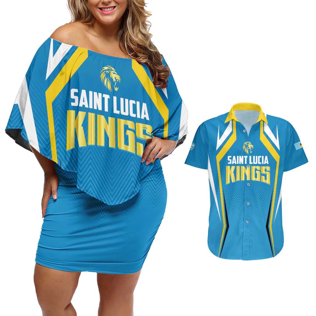 Custom Saint Lucia Cricket Couples Matching Off Shoulder Short Dress and Hawaiian Shirt St Lucia Stars Champions 2024 - Wonder Print Shop