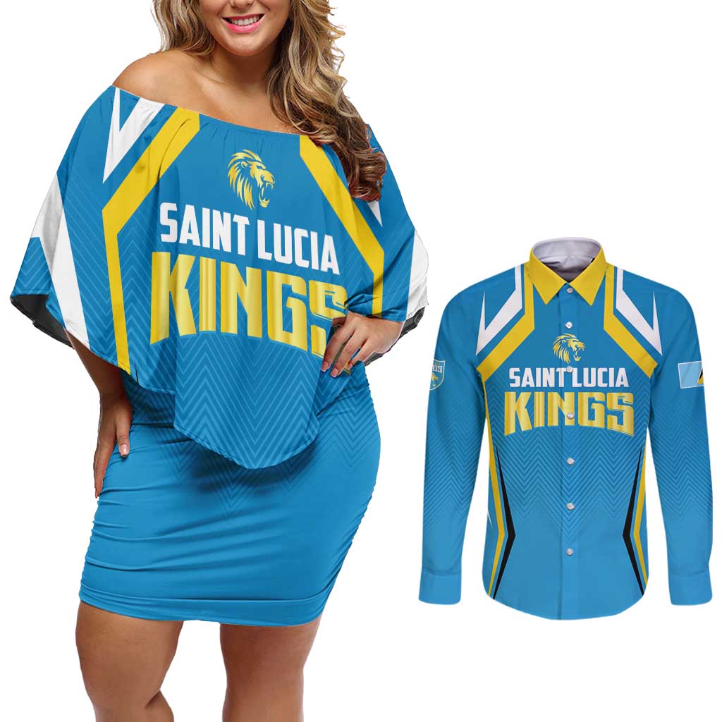 Custom Saint Lucia Cricket Couples Matching Off Shoulder Short Dress and Long Sleeve Button Shirt St Lucia Stars Champions 2024 - Wonder Print Shop