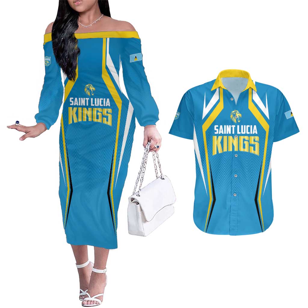 Custom Saint Lucia Cricket Couples Matching Off The Shoulder Long Sleeve Dress and Hawaiian Shirt St Lucia Stars Champions 2024 - Wonder Print Shop