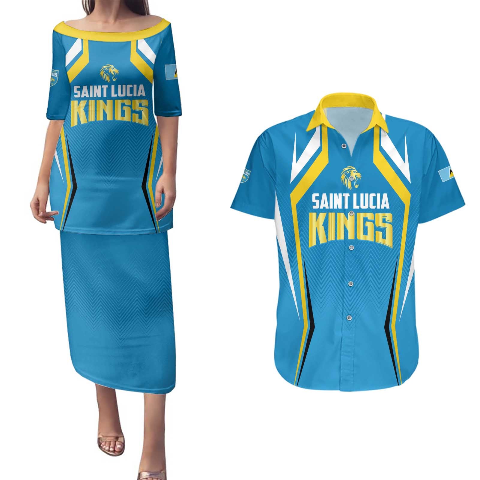 Custom Saint Lucia Cricket Couples Matching Puletasi and Hawaiian Shirt St Lucia Stars Champions 2024 - Wonder Print Shop