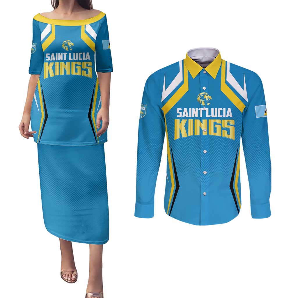 Custom Saint Lucia Cricket Couples Matching Puletasi and Long Sleeve Button Shirt St Lucia Stars Champions 2024 - Wonder Print Shop