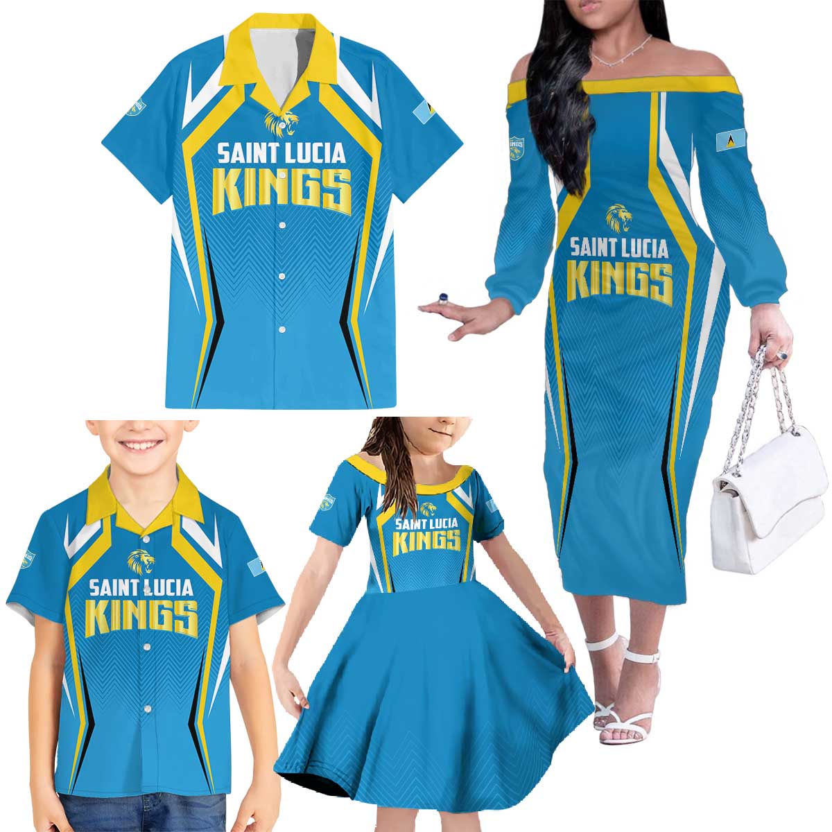 Custom Saint Lucia Cricket Family Matching Off The Shoulder Long Sleeve Dress and Hawaiian Shirt St Lucia Stars Champions 2024 - Wonder Print Shop