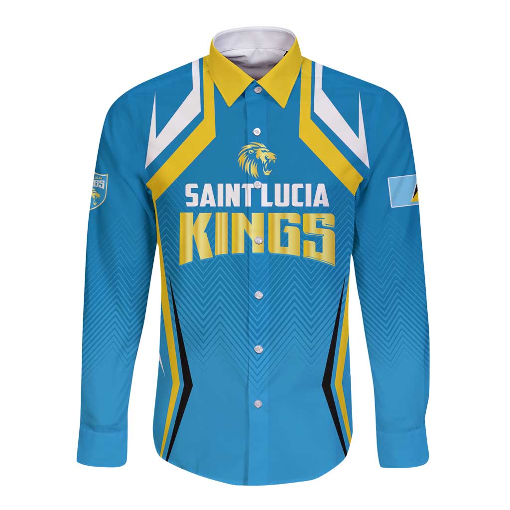 Blue cricket button-down shirt with yellow collar, Saint Lucia Kings front graphic