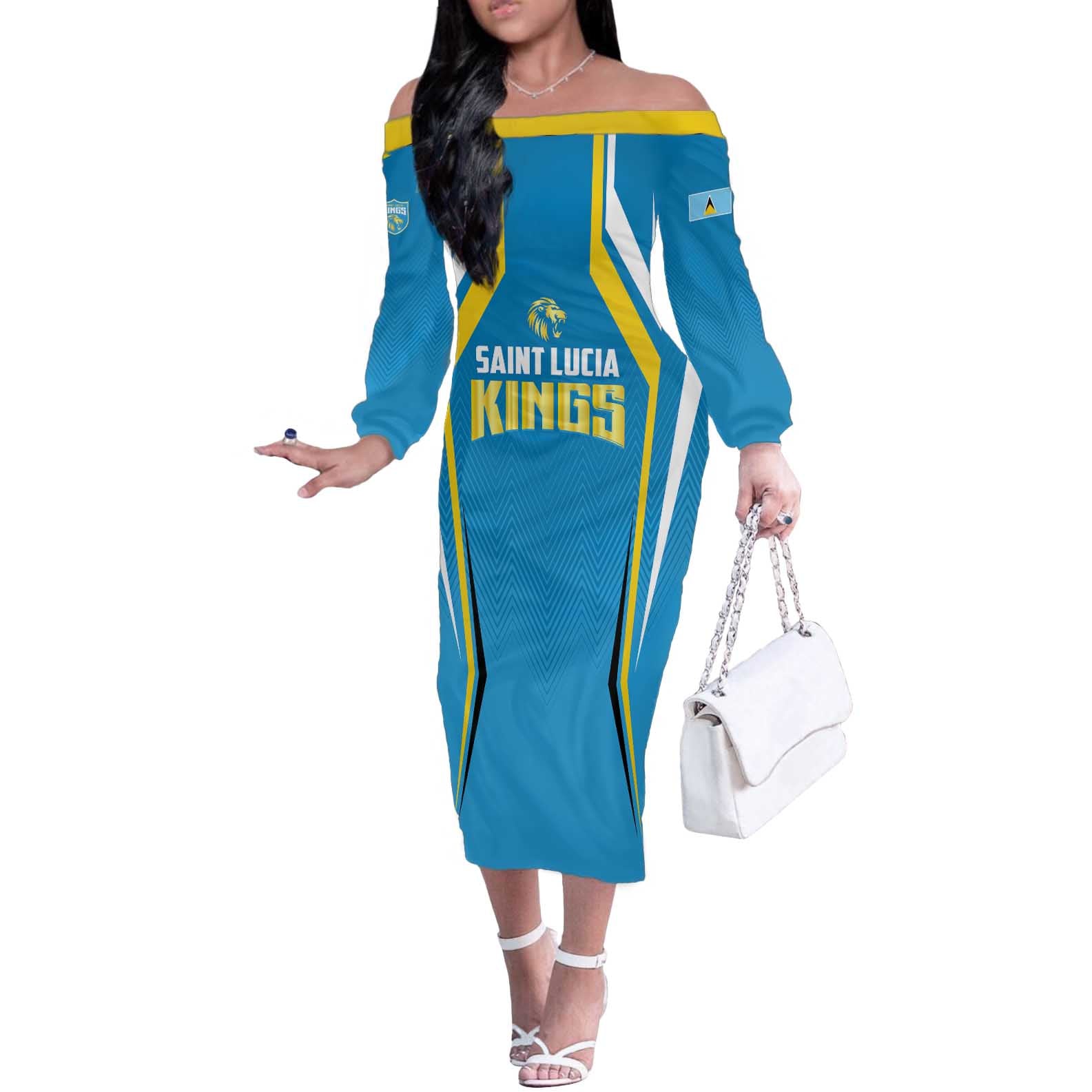 Custom Saint Lucia Cricket Off The Shoulder Long Sleeve Dress St Lucia Stars Champions 2024 - Wonder Print Shop