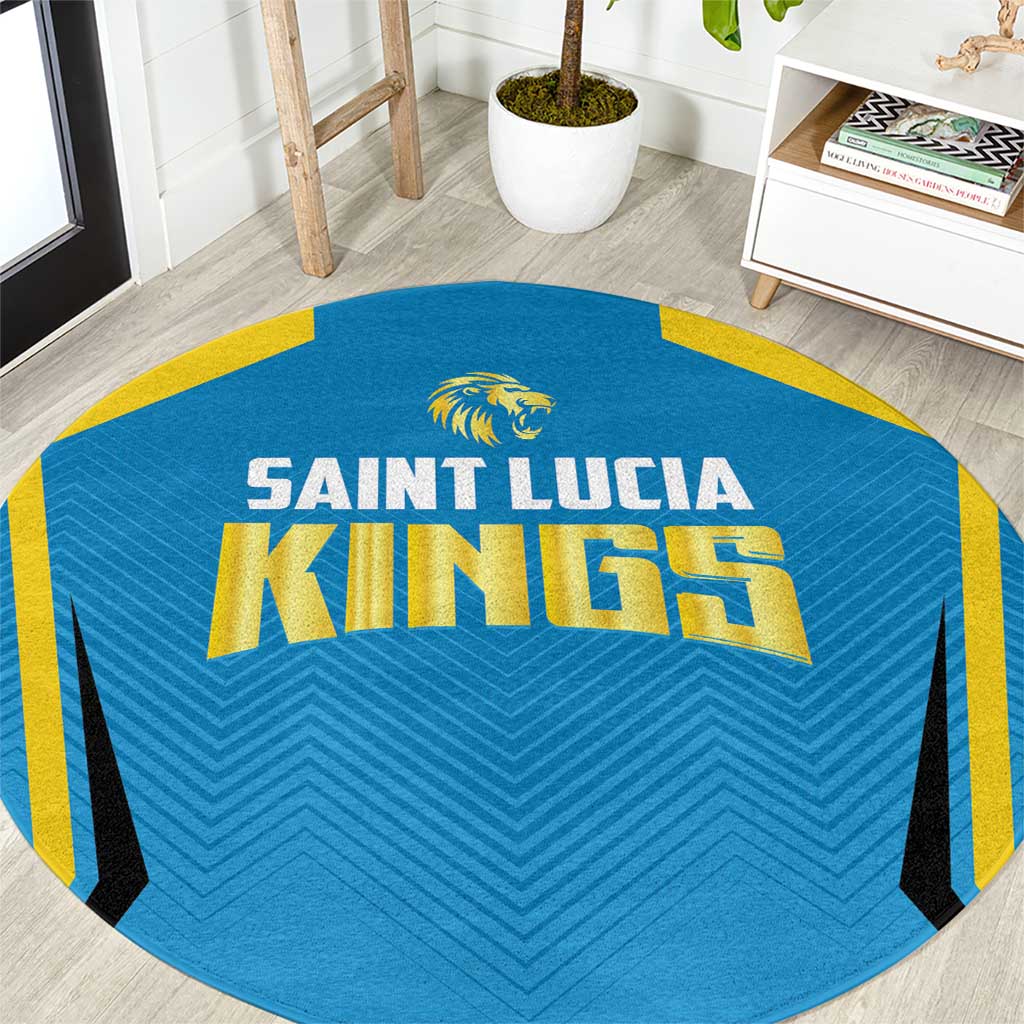 Blue round cricket carpet with Saint Lucia Kings text and gold crest at center