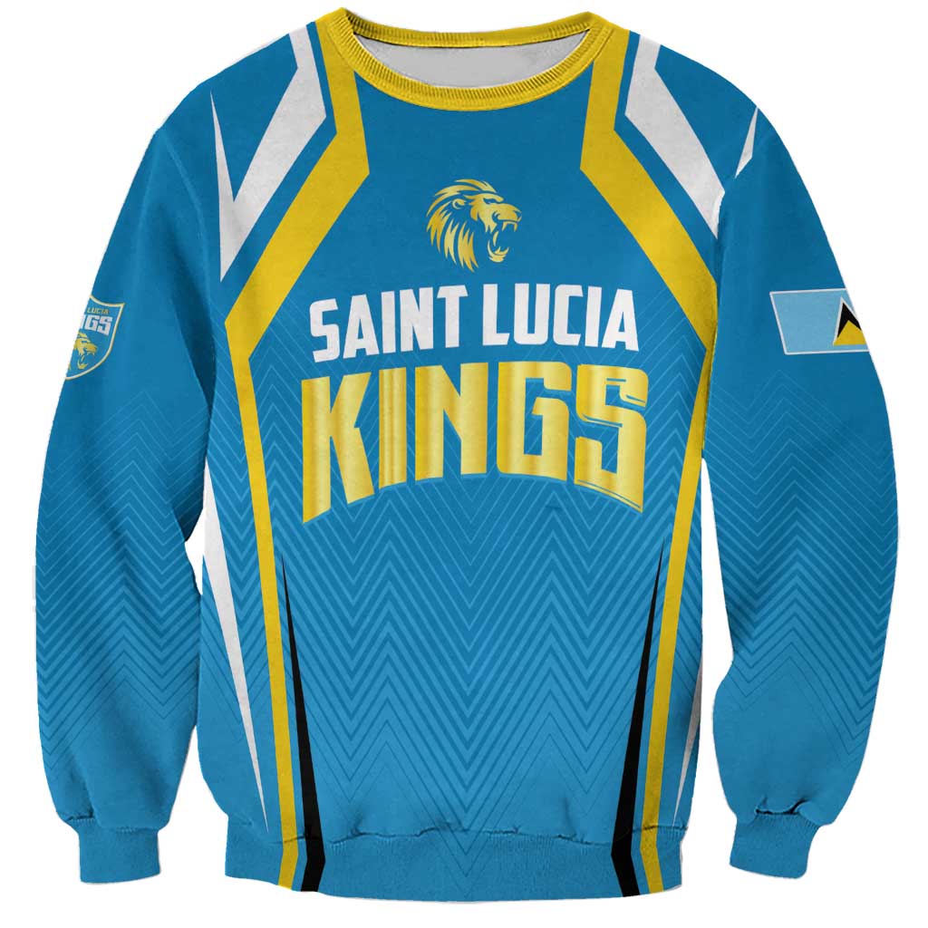 Blue unisex cricket sweatshirt with yellow trim, Saint Lucia Kings crest and team text