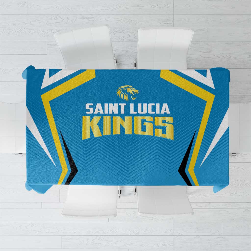 Blue cricket tablecloth with bold Saint Lucia Kings logo and star pattern