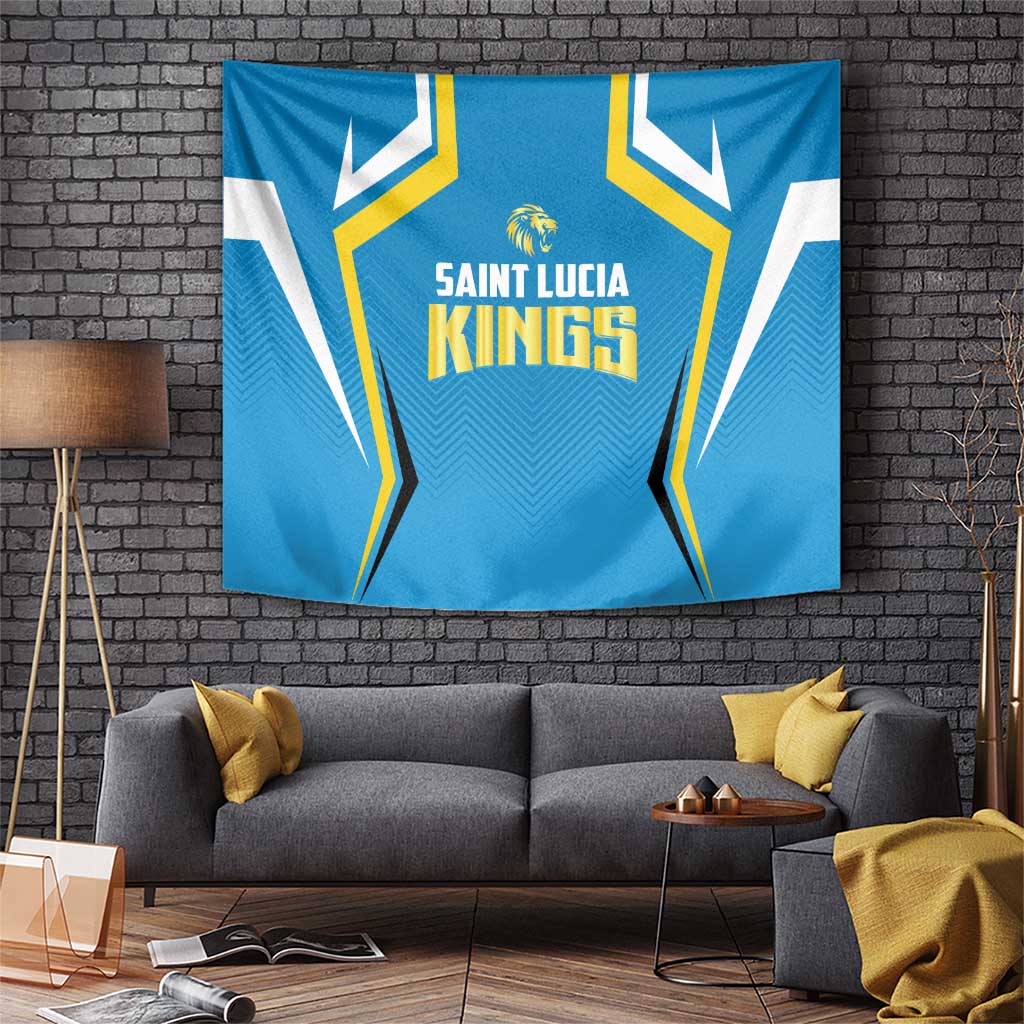 Blue cricket tapestry with Saint Lucia Kings text, lion logo, and yellow star accents
