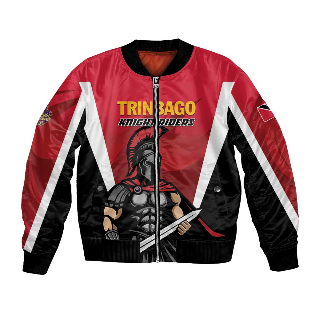 Red bomber jacket, black sleeves, front zip, TRINBAGO graphic