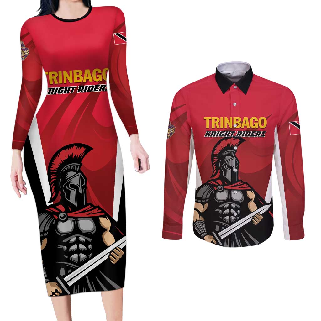 Custom Trinidad and Tobago Cricket Knight Riders Couples Matching Long Sleeve Bodycon Dress and Long Sleeve Button Shirt Trinbago Wave The Red - Wonder Print Shop