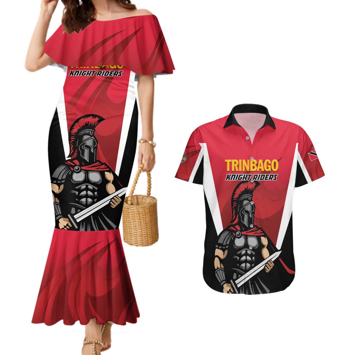 Custom Trinidad and Tobago Cricket Knight Riders Couples Matching Mermaid Dress and Hawaiian Shirt Trinbago Wave The Red - Wonder Print Shop