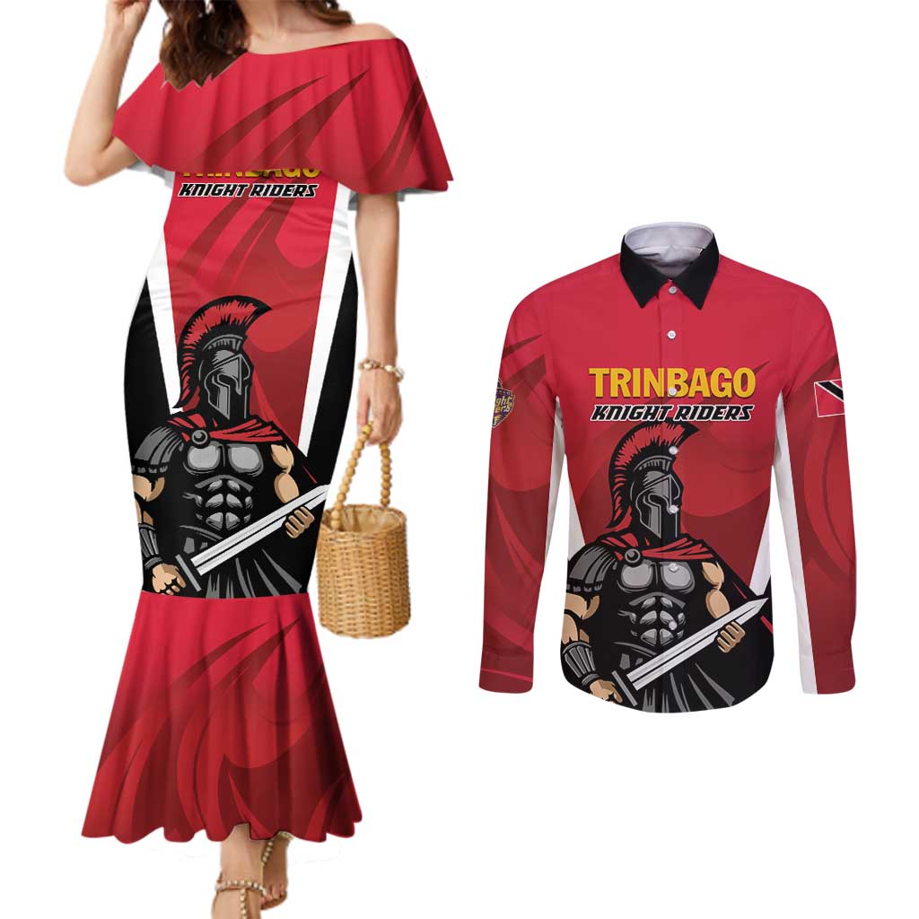 Custom Trinidad and Tobago Cricket Knight Riders Couples Matching Mermaid Dress and Long Sleeve Button Shirt Trinbago Wave The Red