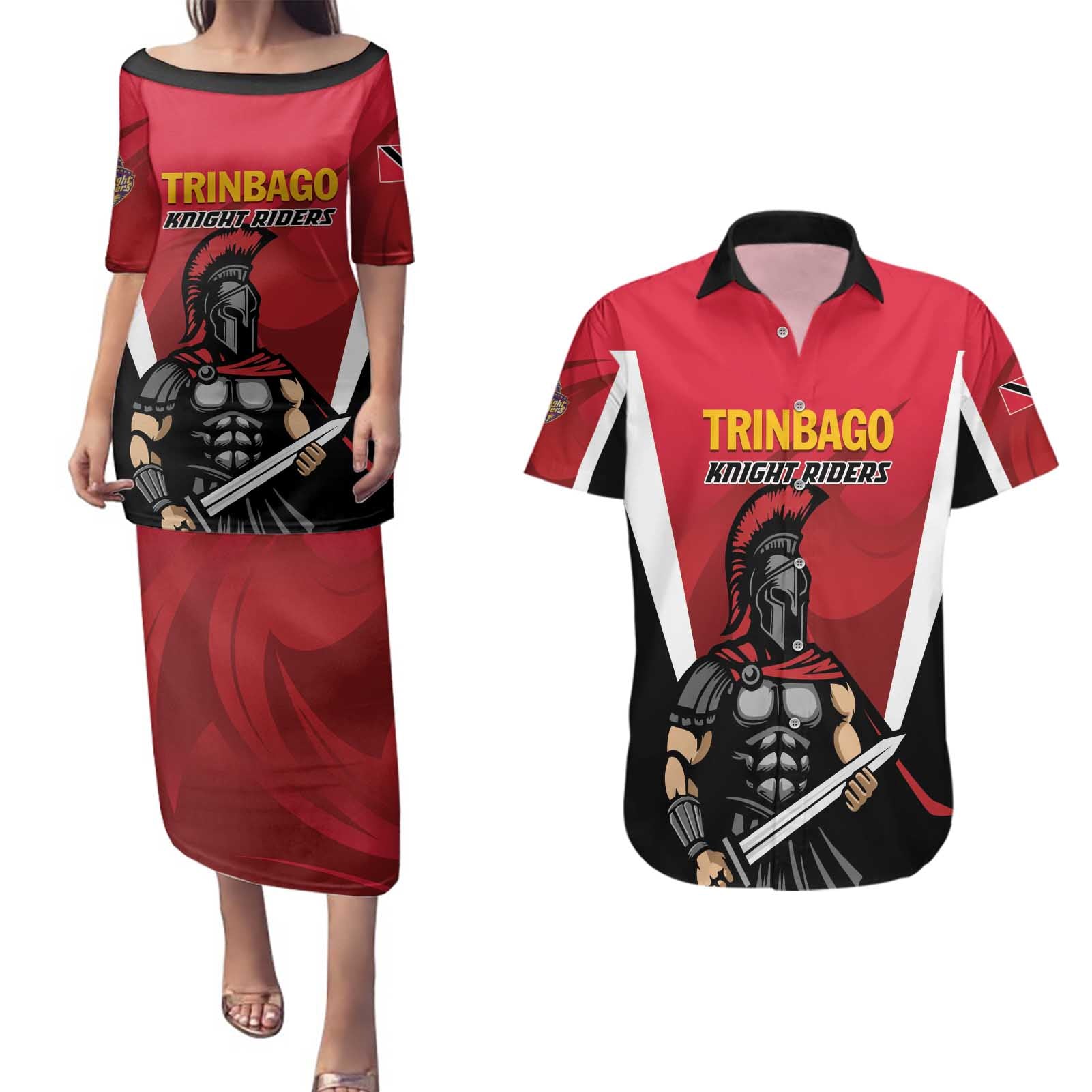 Custom Trinidad and Tobago Cricket Knight Riders Couples Matching Puletasi and Hawaiian Shirt Trinbago Wave The Red - Wonder Print Shop